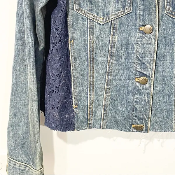 Free People Womens Size Small Lace Panel Denim Jean Jacket‎ - Image 2
