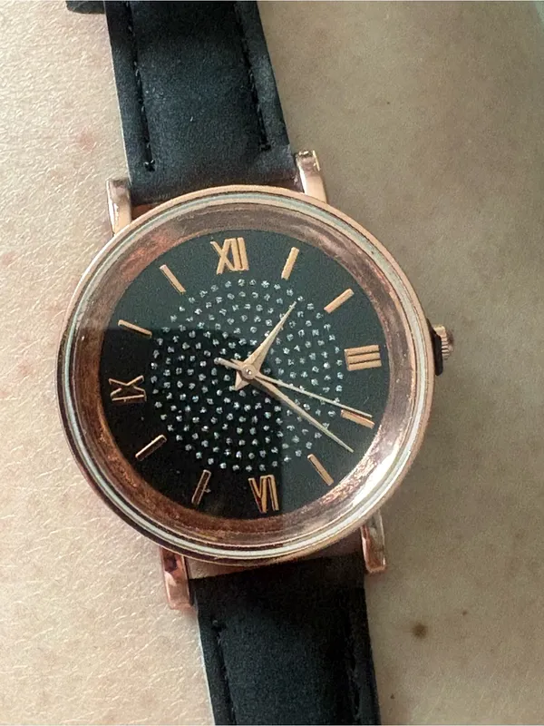 Boutique NEW Women's Crystal Accent Rose Gold Watch with Black Leather Strap - Image 5