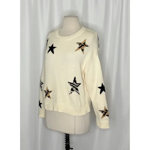 RAILS Perci Animal Star Sweater Ivory Black Camel Cotton Blend Knit X-Small - Image 6
