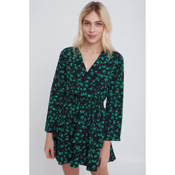 ASOS Subdued Emerald Leaf Floral Print Ruffle Tiered Flare Sleeve Dress - Image 2