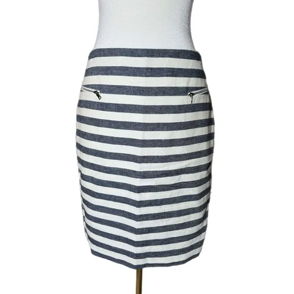 ANN TAYLOR Coastal Linen Blend Striped Pencil Skirt High Rise Navy White Size 4 - Image 3