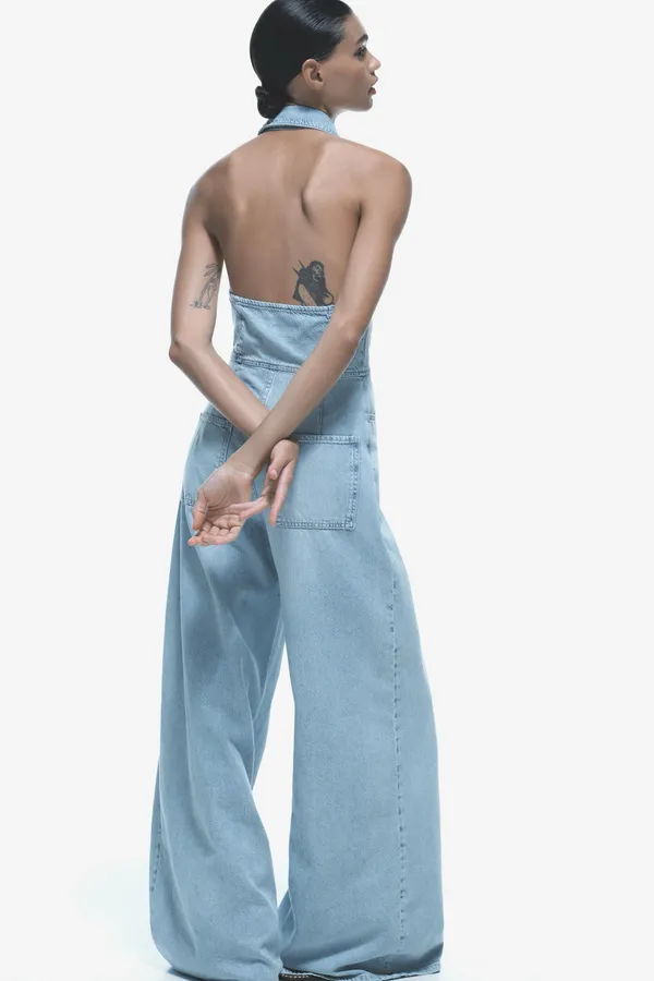 Zara jumpsuit denim halter wide leg open back bohemian casual summer - Image 6