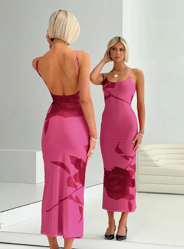 Princess Polly Knox hot pink floral maxi dress with low back detail - Image 2