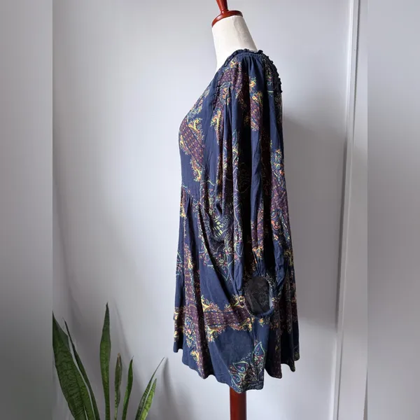Free People Navy Floral V-Neck Mini Dress - Image 4