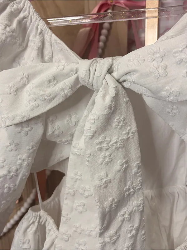 Moodie White Textured Floral Mini Dress w/ Puff Sleeves Cutout Bridal Summer S - Image 3