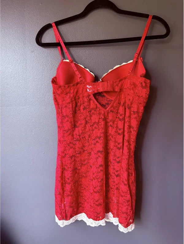Red Lace Lingerie Dress with White Trim and Adjustable Straps - Image 2