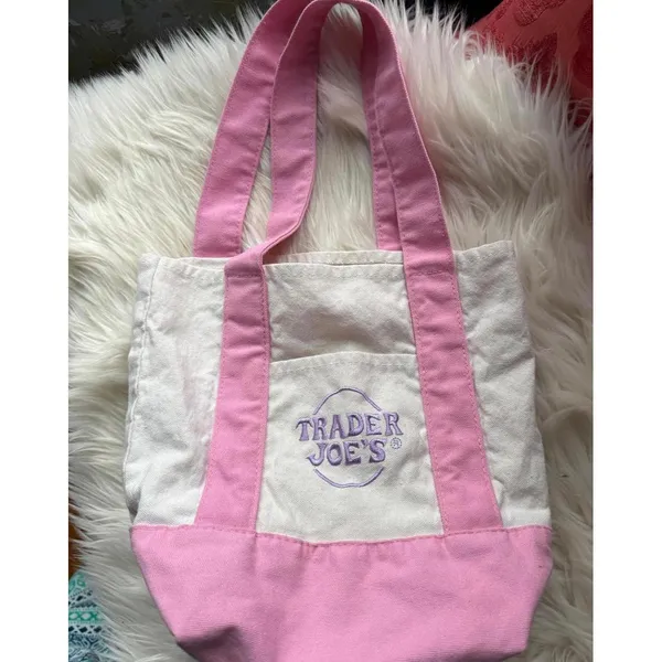 Trader Joe's Pink and White Canvas Tote Bag - Image 3