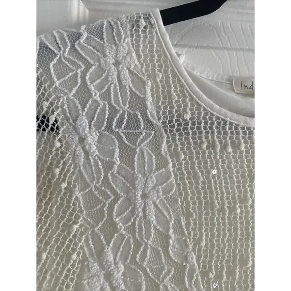 Indigo Soul Boho Lace Mesh Sequin Tunic Womens Size M Ivory White Long‎ Sleeve - Image 3