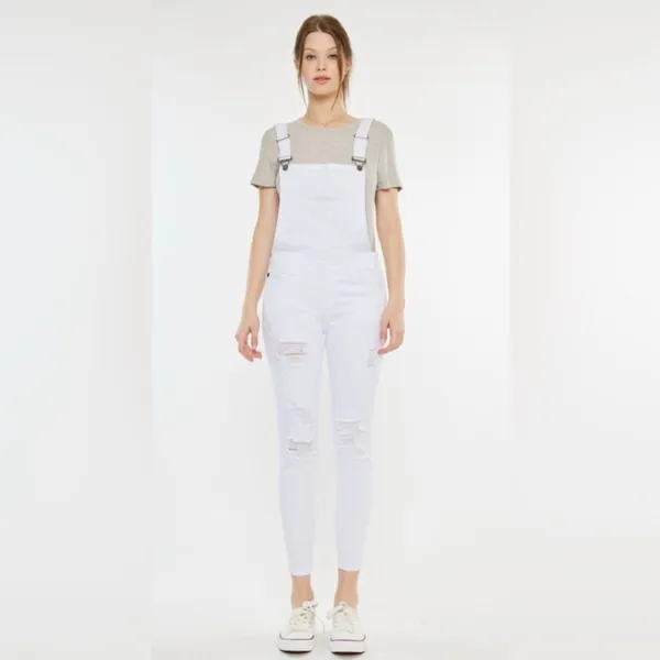 KanCan Minimalist White‎ Distressed Adjustable Stretch Topanga Overalls Size Med - Image 9
