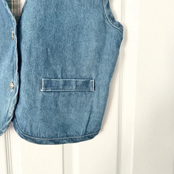 Metro Express Vintage Denim Chambray Red Plaid Flannel Back Button Vest L 14/16 - Image 5