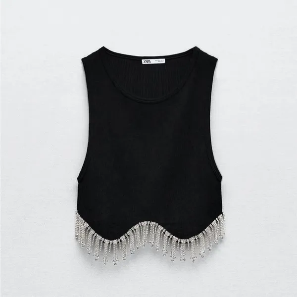 Zara Black Crop Top with Silver Beaded Fringe - Image 2
