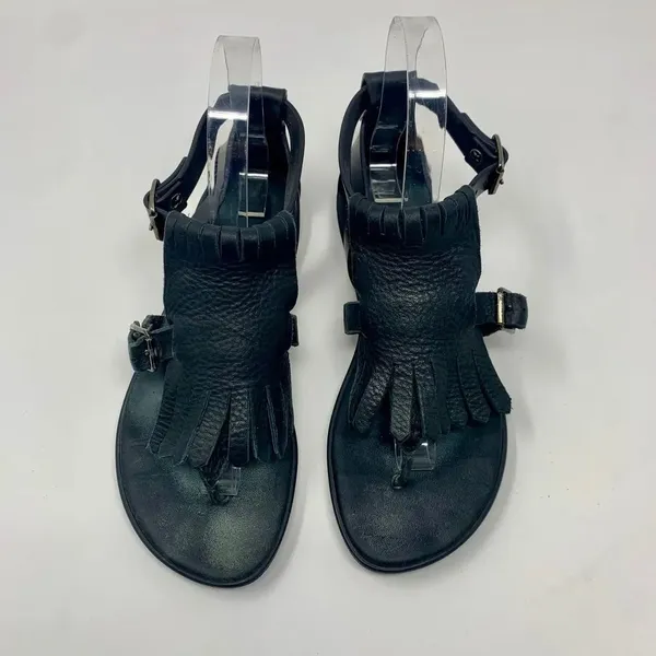 Hunter Original‎ Fringe T-Bar Leather Sandals Black - Image 2