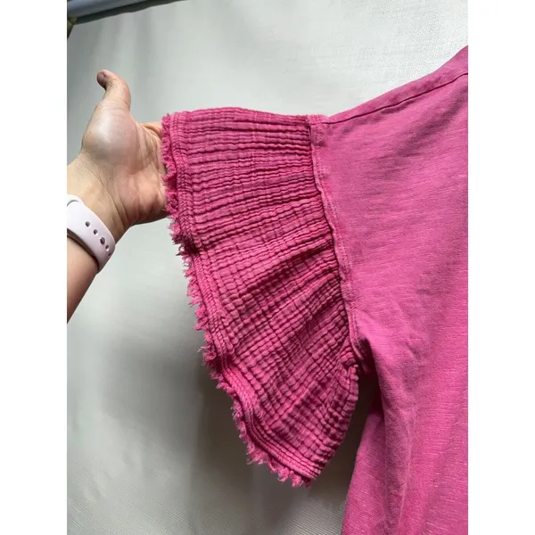 By Anthropologie Gauze‎ Tunic Mini Dress Sz S Pink Henley Oversized Boho Fringe - Image 3