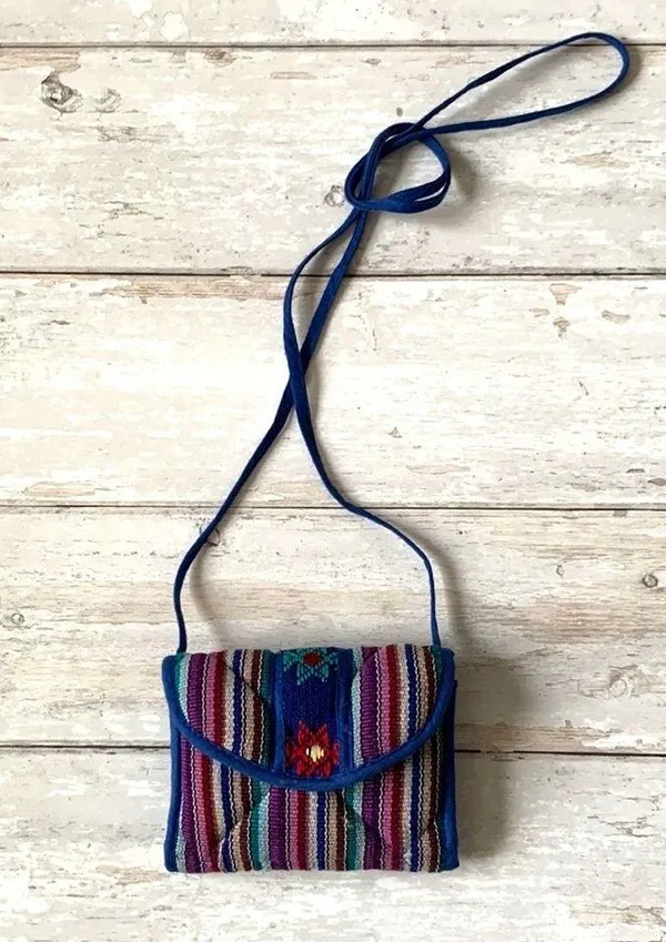 Fair Trade Stitched Purse Wallet Women’s Crossbody Bag Blue Purple Stripes - Image 2