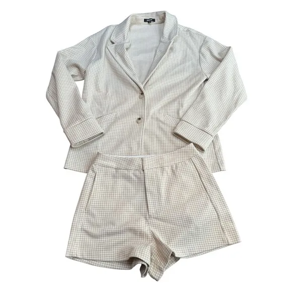 Wishlist‎ Size M Matching Blazer & Short Set Tan Cream Checkered Neutral Office - Image 2
