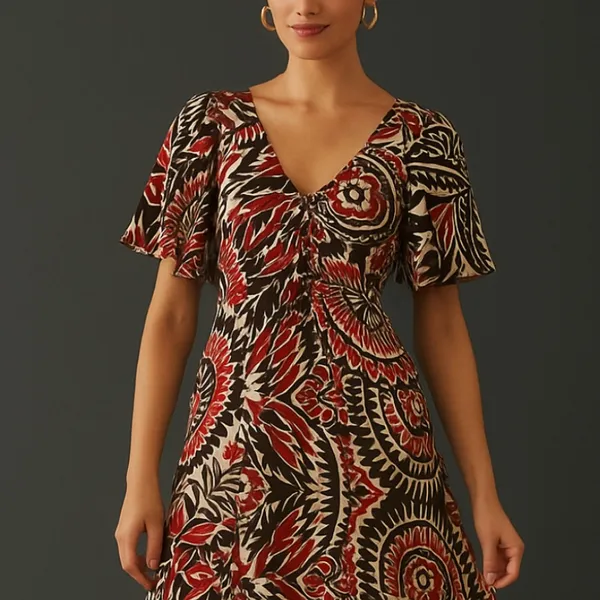 👗🌟Anthropologie Tiered Maxi Dress XS Boho Cutout Flutter Sleeve Red Black Print - Image 14