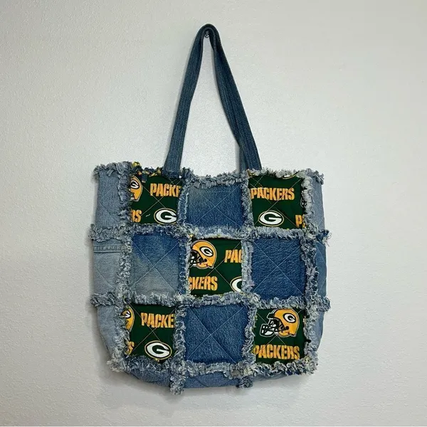 Green Bay Packers Custom Handmade‎ Denim Jeans Patchwork Purse Bag - Image 2