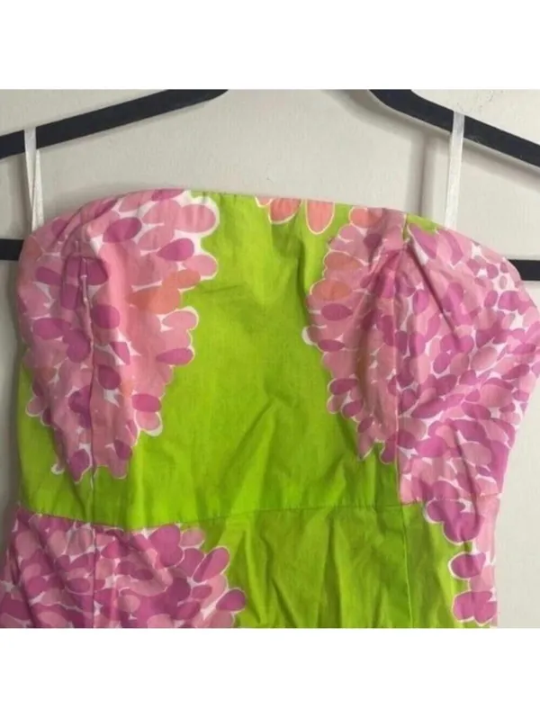 ✅Lilly Pulitzer Green Strapless Dress Pink Floral and Cut Out Back - Image 2