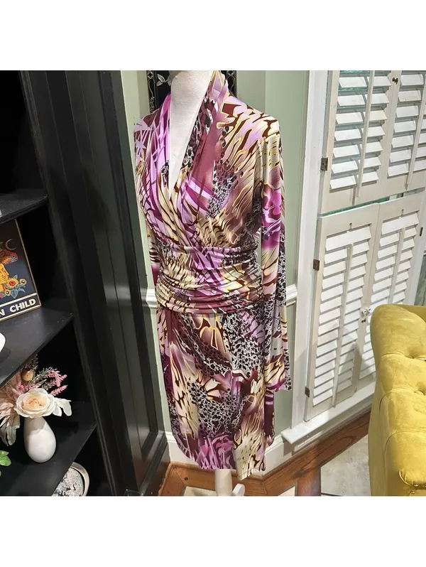 Ashro Tropical Purple and Burgundy Bodycon Dress Size Small - Image 8