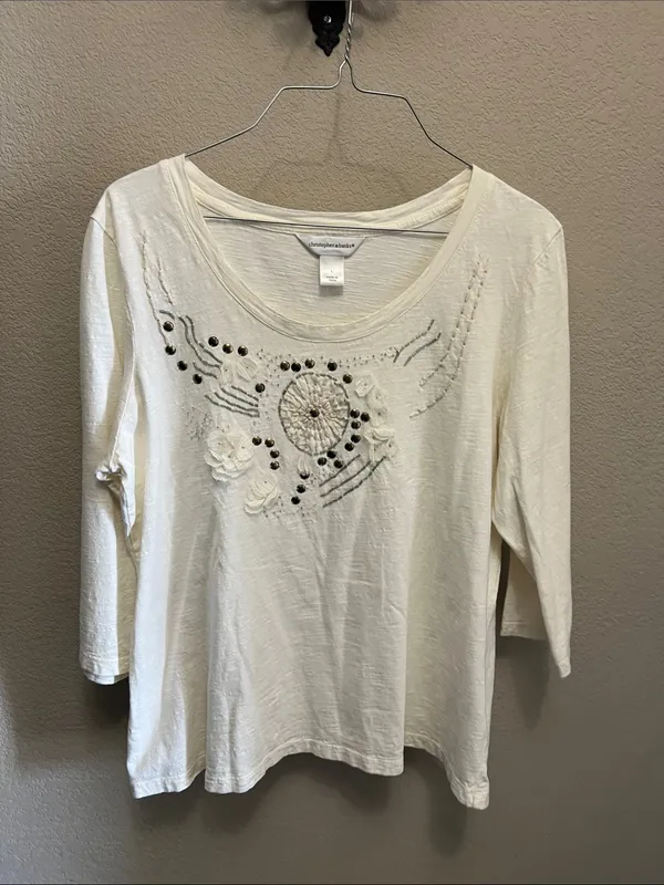 Christopher & Banks Cream Embroidered Scoop Neck Long Sleeve Top - Image 8