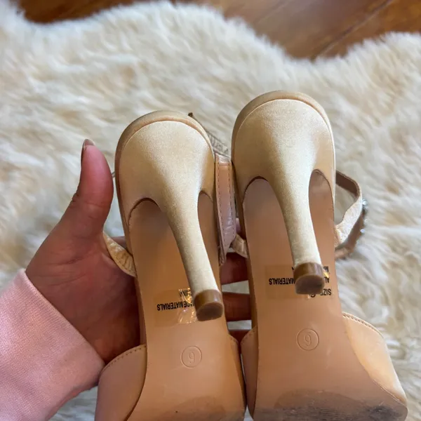 Lulu's Embellished Ankle Strap Champagne Satin Pointed Toe Heels - Image 4