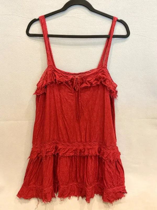 Free People Intimately Boho Red Mini Dress Raw Hem Ruffle‎ Festival Fairycore M - Image 2