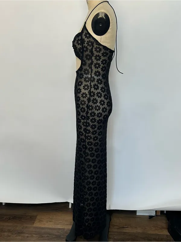 Sheer Floral Cutout Halter Maxi Dress - Black - Image 3