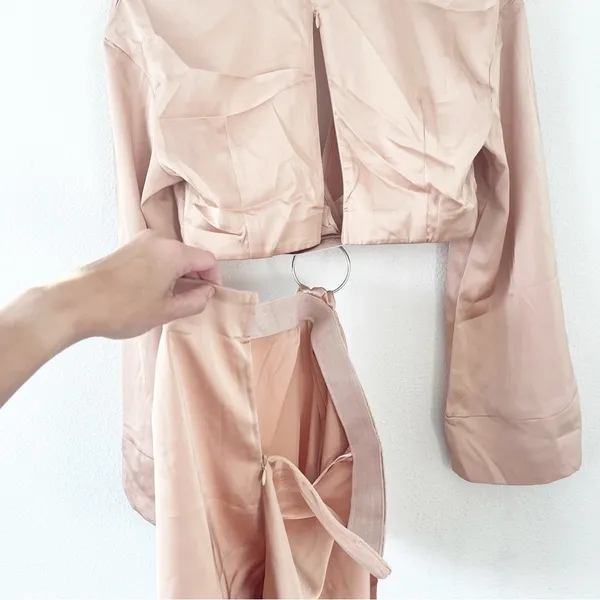 Hello Molly Girls On Top Satin Playsuit Tan Romper Glam Tie Waist - Image 9