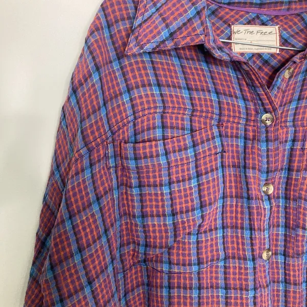New Free People Oversized Bohemian Grunge Cardiff Plaid Swing Top Shirt Small - Image 2