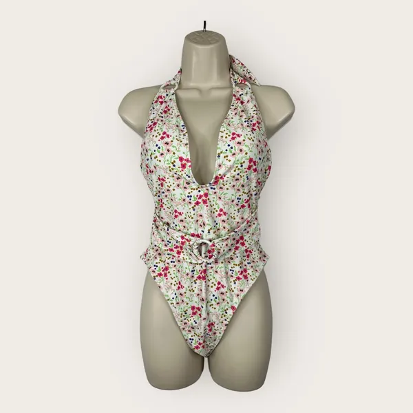 Lulus Womens size Medium Vacation Calling White Floral O-Ring One Piece Swimsuit - Image 2