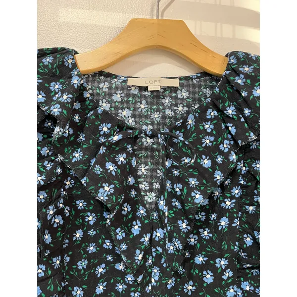 LOFT Black Blue Floral‎ Ruffle Tie Neck Blouse Romantic Cottagecore XS - Image 8