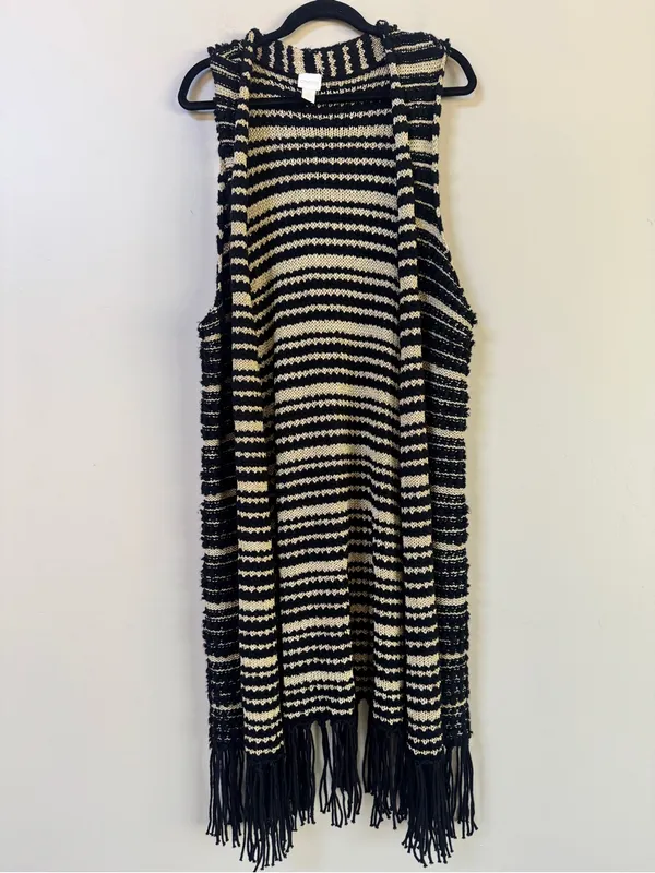 Chico’s Black & Gold striped Faron Knit Fringe long open front sweater vest XL 3 - Image 4