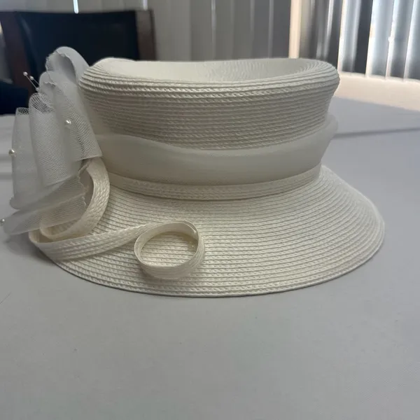 White Elegant Church Dress Hat with Mesh Bow Rose and Faux Pearls - Image 2