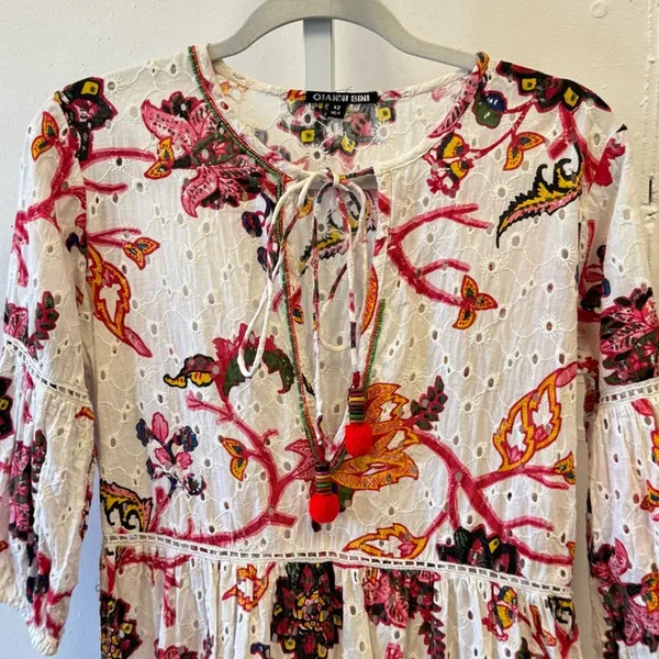 Gianni Bini 3/4 Sleeve Mini Dress‎ Babydoll Tassels Cotton Boho Floral Eyelet XS - Image 4