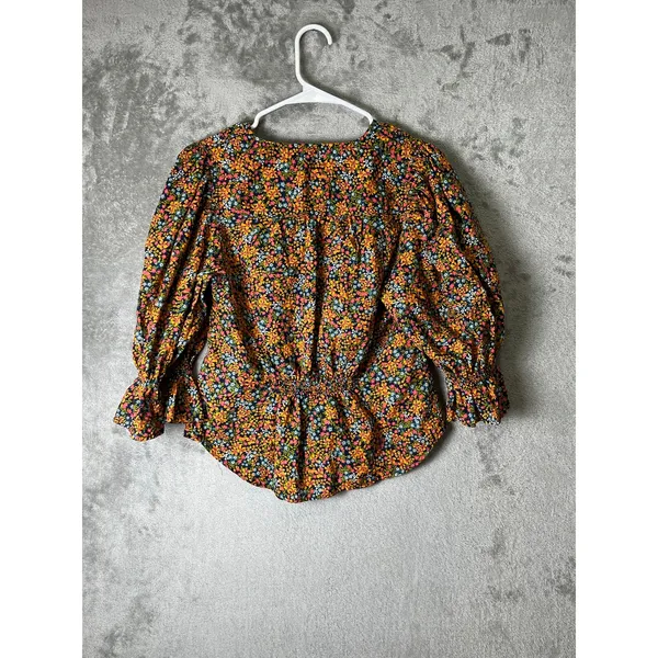 Free People Floral‎ Peplum Blouse Women's Small Puff Sleeve Button Front Boho - Image 3