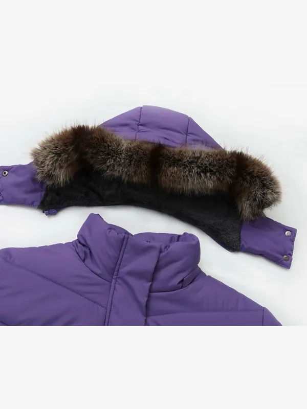 Women's Purple Quilted Down Coat with Faux Fur Hood - Image 4