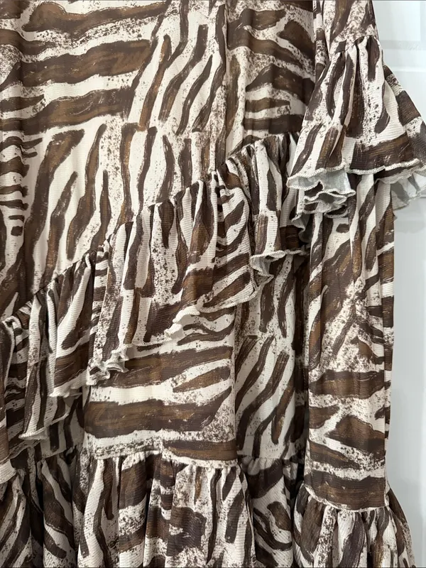 Sinsay Beige Zebra-Print Tiered Ruffle Asymmetrical Midi Lined Skirt Size XL - Image 9