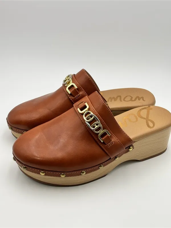 Sam Edelman Tan Leather Clog Mules with Gold Chain Accent Size 7.5 - Image 4
