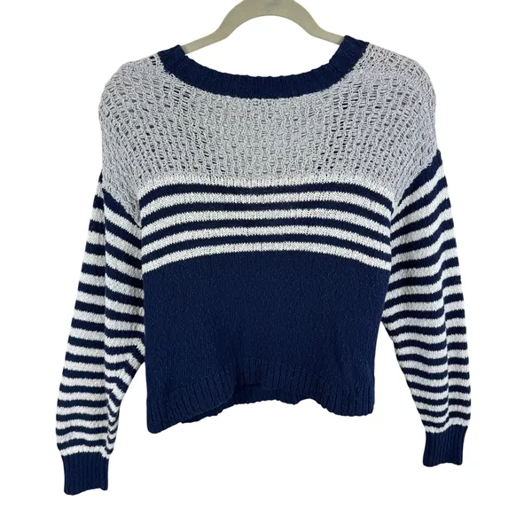 525 America Womens Navy Blue Striped Cotton Cropped V-Neck Cardigan Sweater S - Image 2