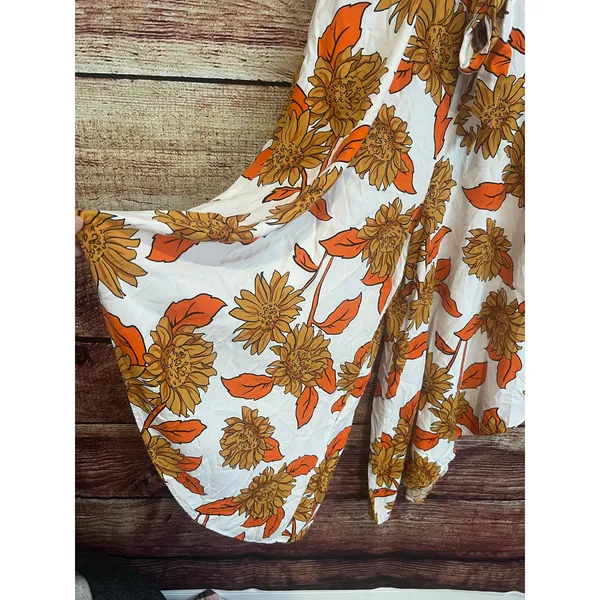 Free People Ivy Street Wide Leg Sunflower Jumpsuit Large Fall Leaves Boho Flowy Orange Crop - Image 5