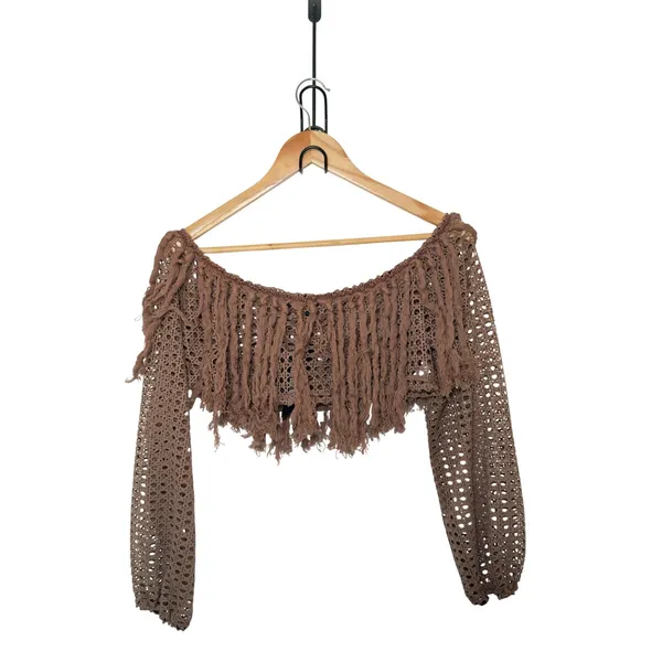 Miamisty Large Brown Crochet Boho Chic Cropped Fringed Cover Up Top Whimsigoth - Image 2