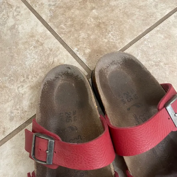 Birkenstock BIRKI comfort Red Strappy Slide Sandals Womens 38 L7 M5 Cork ShoesI - Image 3