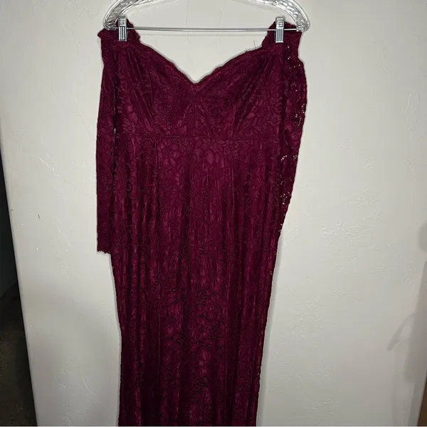 Maniju Burgundy Lace Floral Long Sleeve Off Shoulder Sweetheart‎ Maxi Dress - Image 5