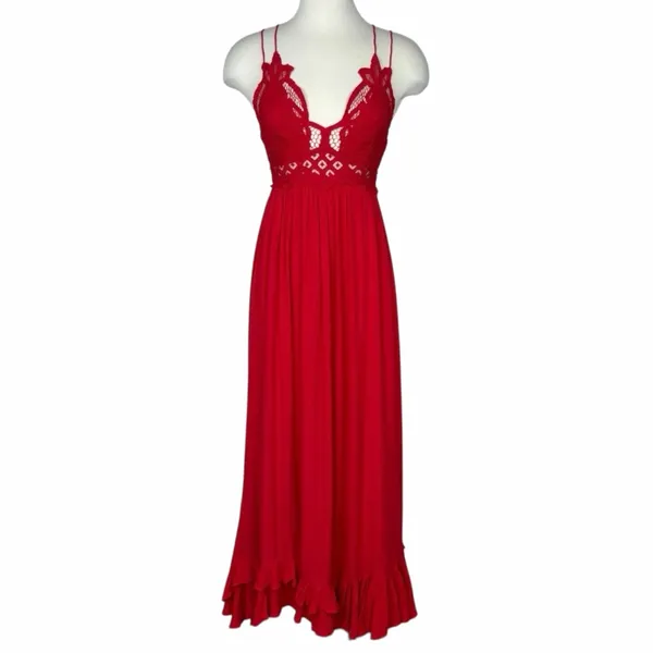 Free People Adella Lace Maxi Dress Red Romantic Boho Chic Crochet Strappy Small - Image 4