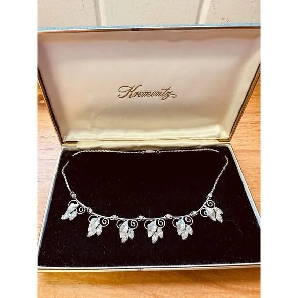 Vintage Krementz Silver Tone Crystal Leaf‎ Flowers Wedding Bridal 15" Necklace - Image 11