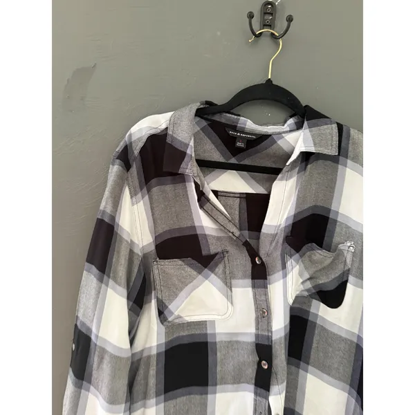 Rock & Republic Womens Black White Plaid Button Down Rayon Shirt Large Fall - Image 3