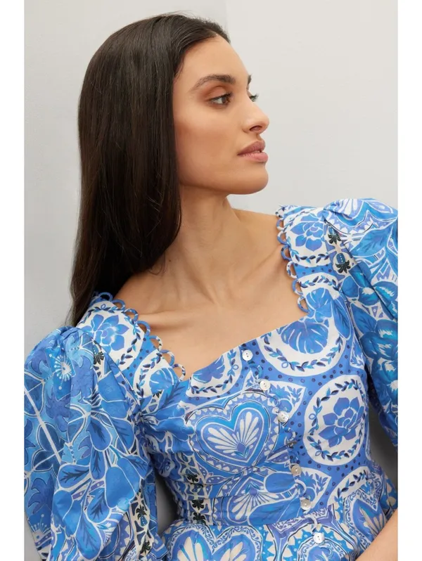 FARM Rio Blue Motif Puff Sleeve Peplum Top XL NWT - Image 2