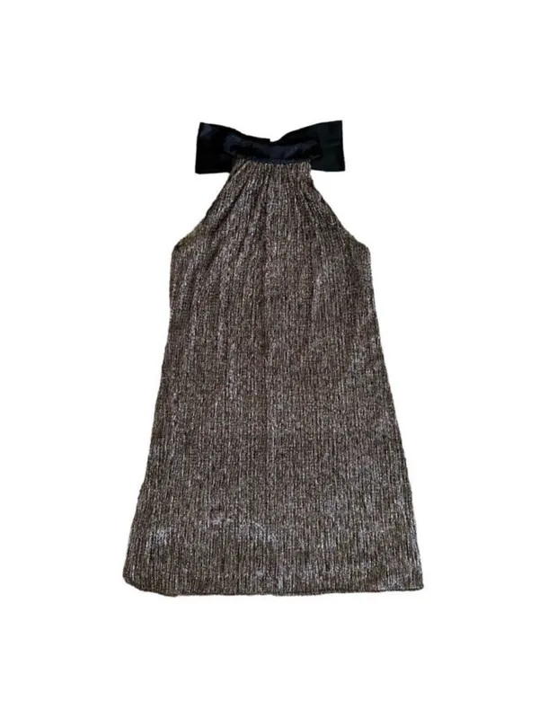 Laundry by Shelli Segal Metalli Gold Shimmer & Black Satin Bow Halter Mini DSz 6 - Image 12