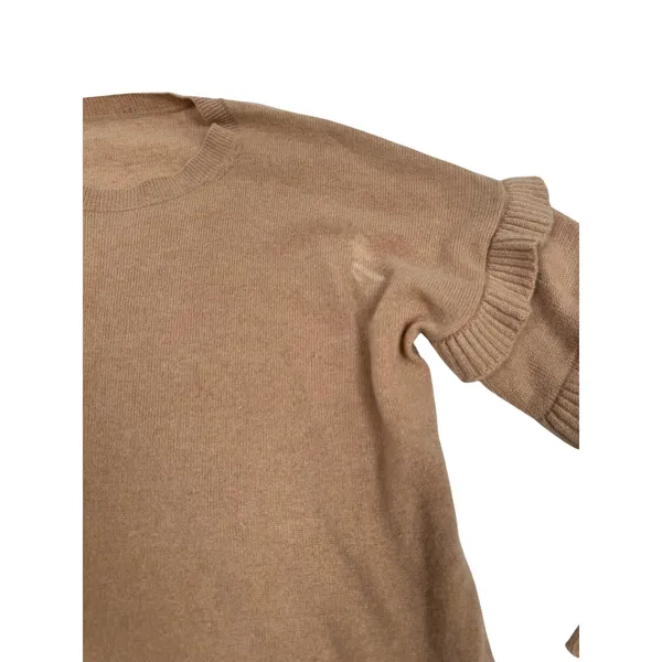 100% Cashmere Ruffle Sleeve Sweater Camel Tan Crewneck Pullover M/L - Image 4