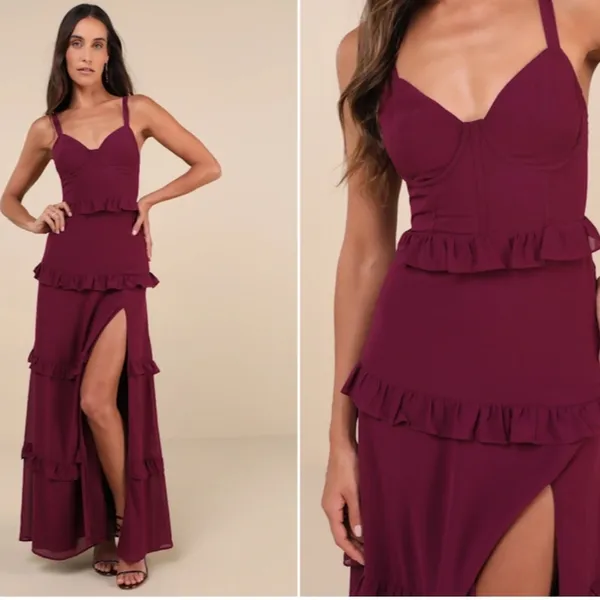 LULU's Holiday Bustier Sexy Flowy Prom Wedding Chic Flowy Ruffles Maxi Dress - Image 4